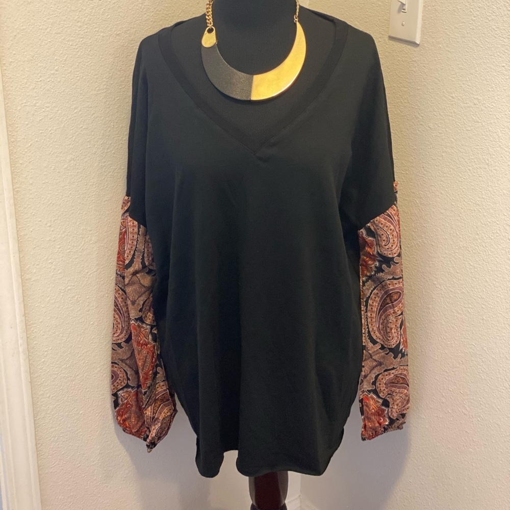 SHEIN Black Mixed Media Paisley Sleeve Top Tee XL